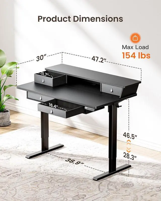 Alt view image 3 of 7 - ErGear 55 X 30 Inch Electric Standing Desk with 4 Drawers, Height Adjustable Desk with Storage, C-Clamp Mount Compatible, Home Office Table with Cable Management Tray, Black
