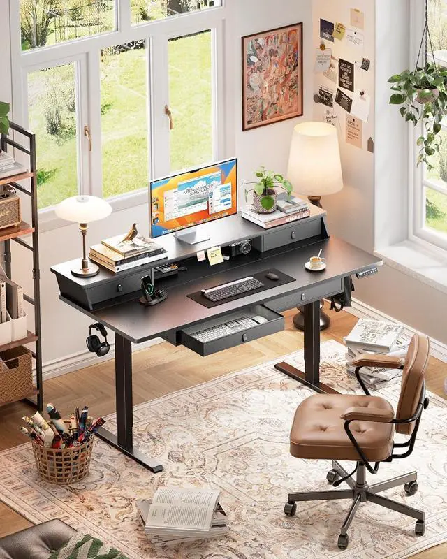 Alt view image 2 of 7 - ErGear 55 X 30 Inch Electric Standing Desk with 4 Drawers, Height Adjustable Desk with Storage, C-Clamp Mount Compatible, Home Office Table with Cable Management Tray, Black