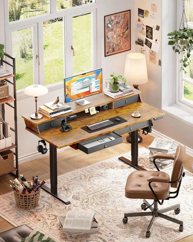 Alt view image 2 of 7 - ErGear 55 X 30 Inch Electric Standing Desk with 4 Drawers, Height Adjustable Desk with Storage, C-Clamp Mount Compatible, Home Office Table with Cable Management Tray, Vintage Brown