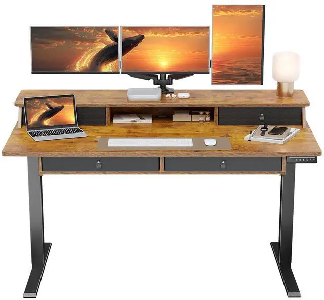 Main image of ErGear 55 X 30 Inch Electric Standing Desk with 4 Drawers, Height Adjustable Desk with Storage, C-Clamp Mount Compatible, Home Office Table with Cable Management Tray, Vintage Brown