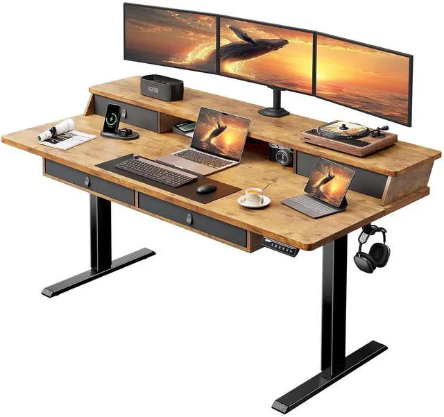 Main image of ErGear 63 X 30 Inch Electric Standing Desk with 4 Drawers, Height Adjustable Desk with Storage, C-Clamp Mount Compatible, Home Office Table with Cable Management Tray, Vintage Brown