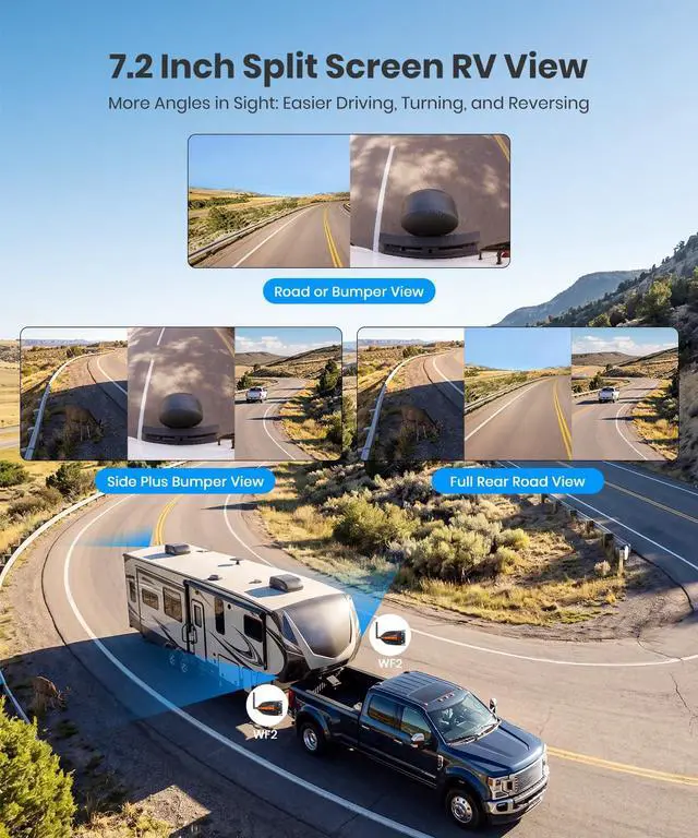 Alt view image 2 of 7 - AUTO-VOX Wireless RV Backup Camera System: Dual Lens Rear and Side Coverage on 7.2" HD Monitor, Triple Split View, IR Night Vision, DVR Ready Back up Camera for RV, Travel Trailer, Motorhome, Camper