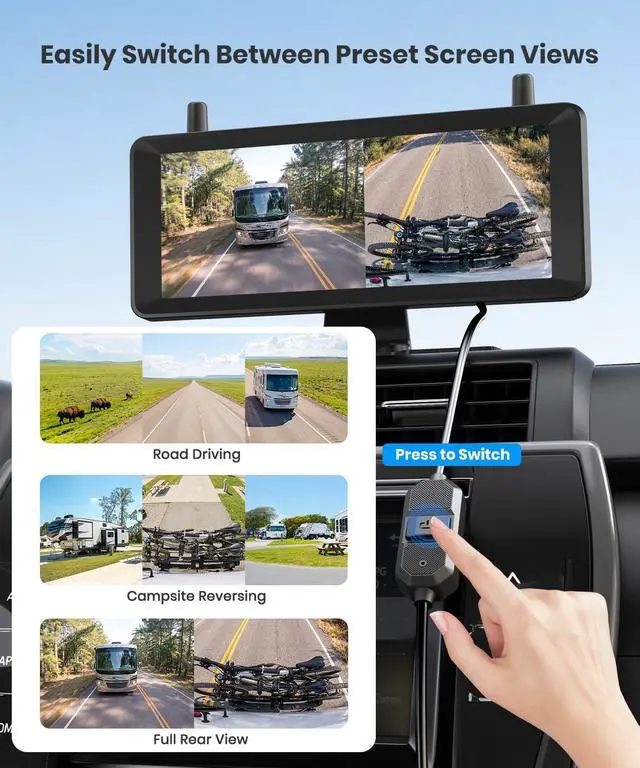 Alt view image 5 of 7 - AUTO-VOX Wireless RV Backup Camera System: Dual Lens Rear and Side Coverage on 7.2" HD Monitor, Triple Split View, IR Night Vision, DVR Ready Back up Camera for RV, Travel Trailer, Motorhome, Camper