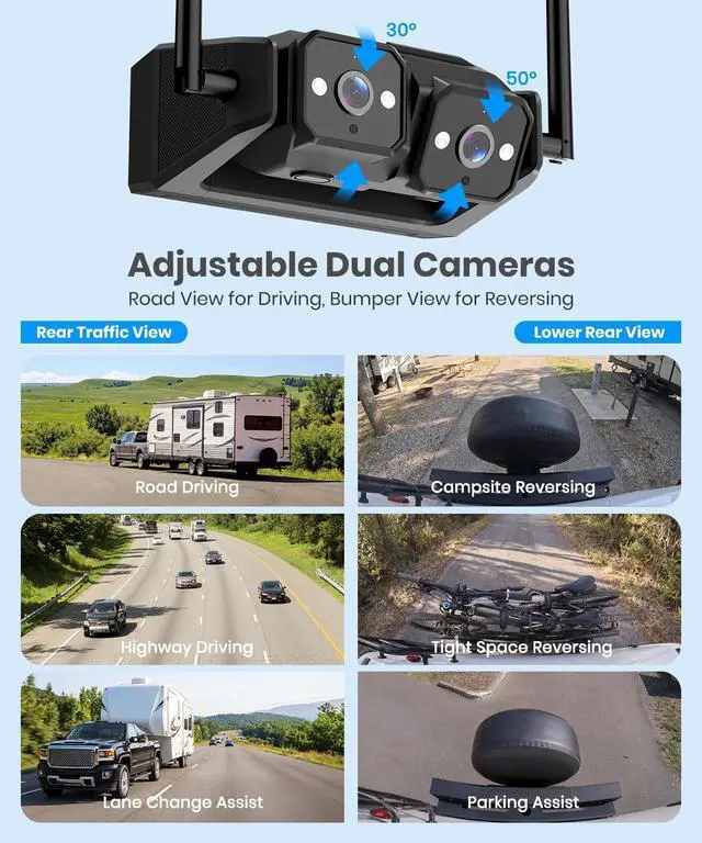 Alt view image 4 of 7 - AUTO-VOX Wireless RV Backup Camera System: Dual Lens Rear and Side Coverage on 7.2" HD Monitor, Triple Split View, IR Night Vision, DVR Ready Back up Camera for RV, Travel Trailer, Motorhome, Camper