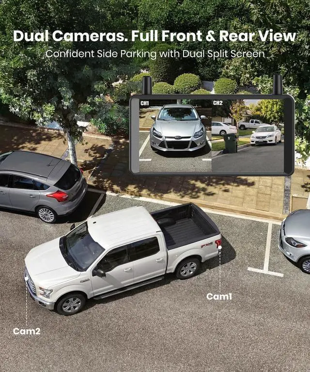 Alt view image 2 of 7 - AUTO-VOX 2 Solar Wireless Backup Camera: 6 16:9 HD Monitor with Dual Antenna Strong Signal, Split Screen View for Balanced Dual Views, DVR Recording Back Up Camera for Car, SUV, Truck, Trailer