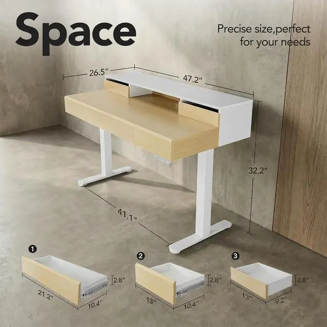 Alt view image 2 of 7 - ErGear Electric Standing Desk with 5 Solid Wood Drawers, 48 x 26 Inches Whole Piece Desktop, with Desktop Riser Stand, Compatible with C-Clamp Monitor Arms, Modern Office Desk, Light Walnut