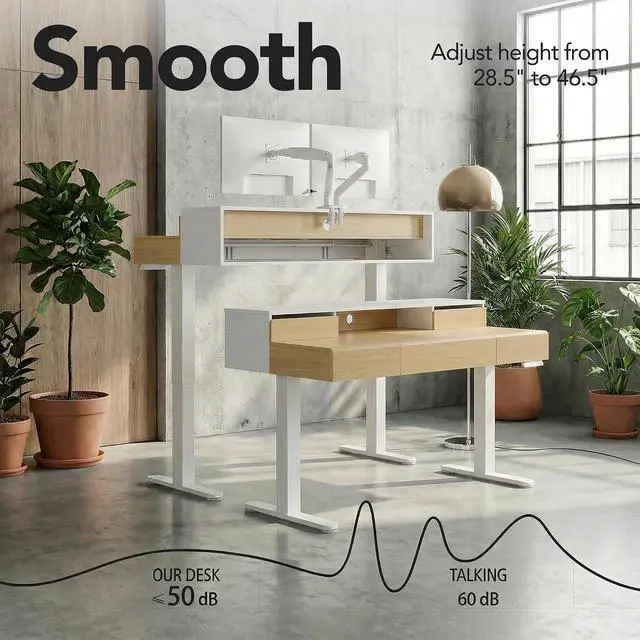 Alt view image 5 of 7 - ErGear Electric Standing Desk with 5 Solid Wood Drawers, 48 x 26 Inches Whole Piece Desktop, with Desktop Riser Stand, Compatible with C-Clamp Monitor Arms, Modern Office Desk, Light Walnut