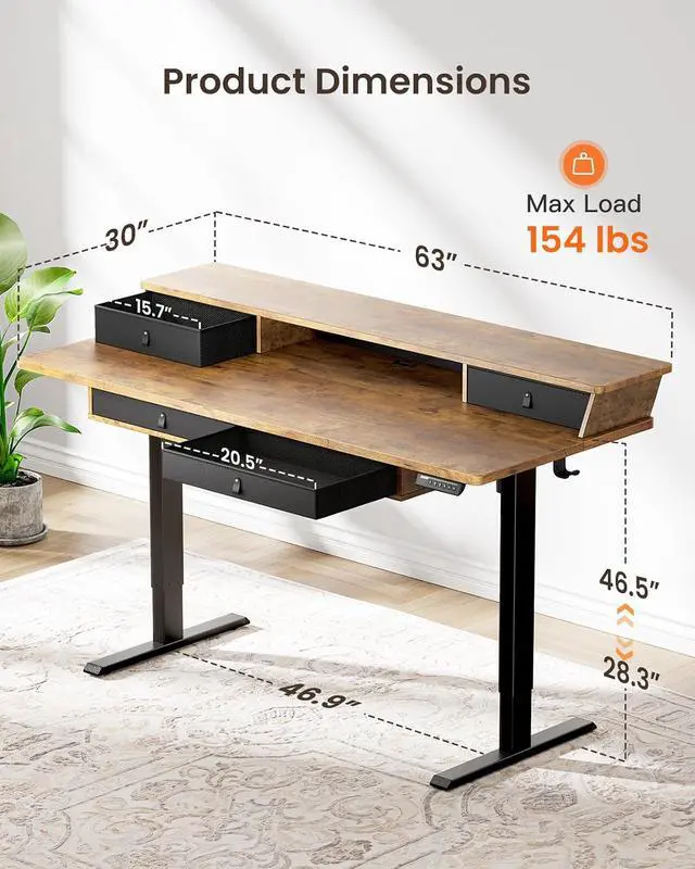 Alt view image 3 of 7 - ErGear 63 X 30 Inch Electric Standing Desk with 4 Drawers, Height Adjustable Desk with Storage, C-Clamp Mount Compatible, Home Office Table with Cable Management Tray, Vintage Brown