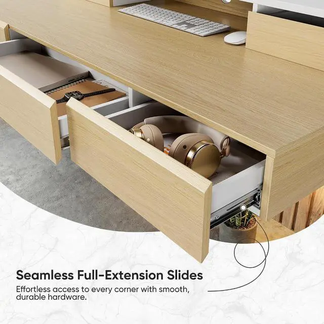 Alt view image 6 of 7 - ErGear Electric Standing Desk with 5 Solid Wood Drawers, 48 x 26 Inches Whole Piece Desktop, with Desktop Riser Stand, Compatible with C-Clamp Monitor Arms, Modern Office Desk, Light Walnut