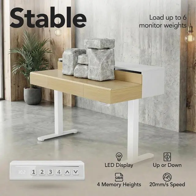 Alt view image 7 of 7 - ErGear Electric Standing Desk with 5 Solid Wood Drawers, 48 x 26 Inches Whole Piece Desktop, with Desktop Riser Stand, Compatible with C-Clamp Monitor Arms, Modern Office Desk, Light Walnut