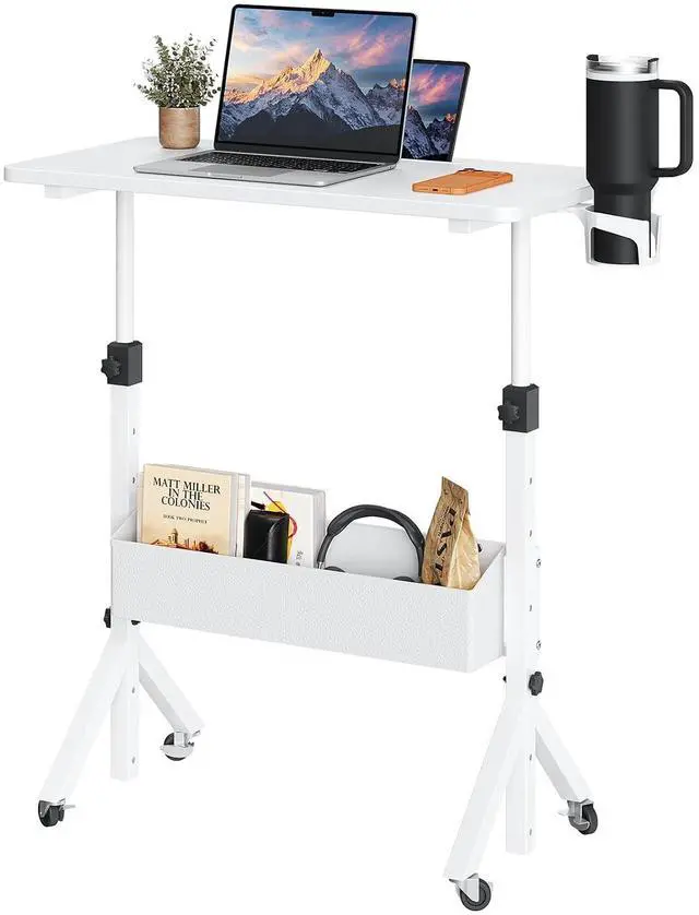 Main image of ErGear Mobile Standing Desk with Wheels, Adjustable Height 28.3 to 46.1, Rolling Laptop Cart with Cup Holder, Storage Basket, Computer & Pen Slot, Home Office Stand Up Desk, White (31.5 x 15.75)