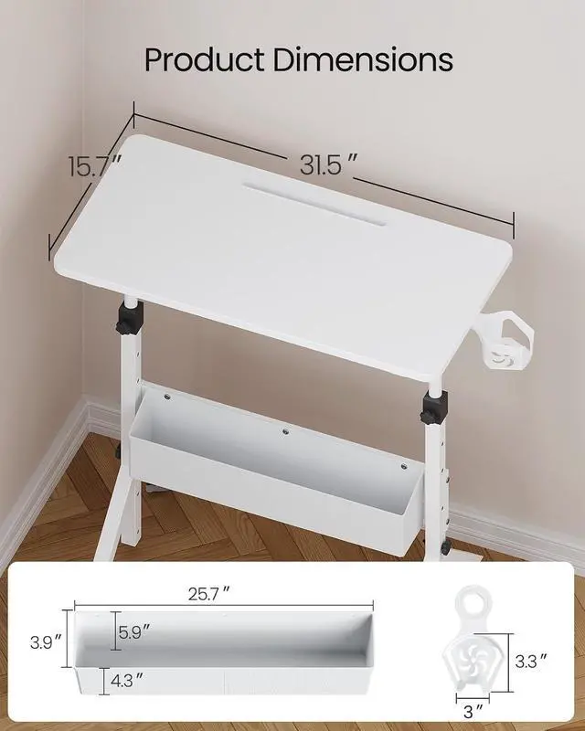 Alt view image 2 of 7 - ErGear Mobile Standing Desk with Wheels, Adjustable Height 28.3 to 46.1, Rolling Laptop Cart with Cup Holder, Storage Basket, Computer & Pen Slot, Home Office Stand Up Desk, White (31.5 x 15.75)