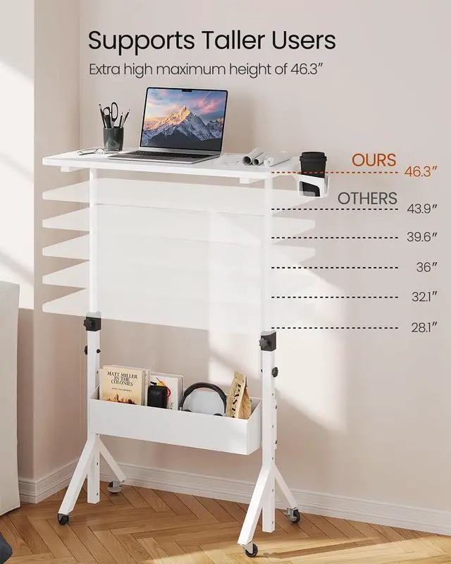 Alt view image 4 of 7 - ErGear Mobile Standing Desk with Wheels, Adjustable Height 28.3 to 46.1, Rolling Laptop Cart with Cup Holder, Storage Basket, Computer & Pen Slot, Home Office Stand Up Desk, White (31.5 x 15.75)