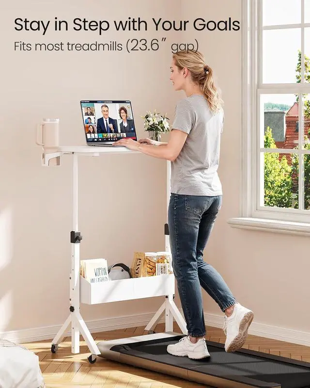Alt view image 3 of 7 - ErGear Mobile Standing Desk with Wheels, Adjustable Height 28.3 to 46.1, Rolling Laptop Cart with Cup Holder, Storage Basket, Computer & Pen Slot, Home Office Stand Up Desk, White (31.5 x 15.75)