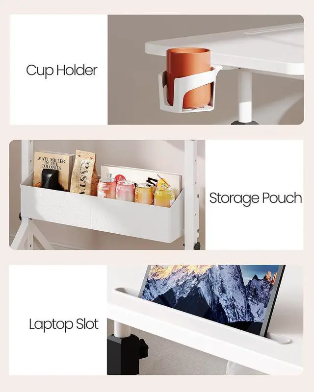Alt view image 7 of 7 - ErGear Mobile Standing Desk with Wheels, Adjustable Height 28.3 to 46.1, Rolling Laptop Cart with Cup Holder, Storage Basket, Computer & Pen Slot, Home Office Stand Up Desk, White (31.5 x 15.75)