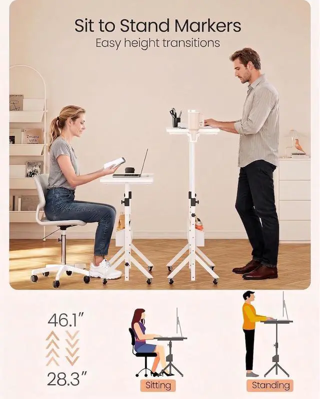 Alt view image 6 of 7 - ErGear Mobile Standing Desk with Wheels, Adjustable Height 28.3 to 46.1, Rolling Laptop Cart with Cup Holder, Storage Basket, Computer & Pen Slot, Home Office Stand Up Desk, White (31.5 x 15.75)