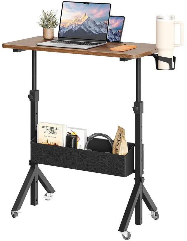 Main image of ErGear Mobile Standing Desk with Wheels, Adjustable Height 28.3 to 46.1, Rolling Laptop Cart with Cup Holder, Storage Basket, Computer & Pen Slot, Home Office Stand Up Desk, Walnut (31.5 x 15.75)