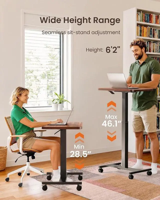 Alt view image 7 of 7 - ErGear Mobile Standing Desk with Wheels, Adjustable Height 28.3 to 46.1, Rolling Laptop Cart with Cup Holder, Storage Basket, Computer & Pen Slot, Home Office Stand Up Desk, Walnut (31.5 x 15.75)