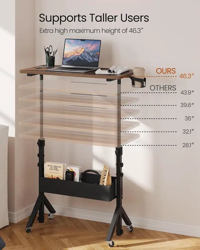 Alt view image 3 of 7 - ErGear Mobile Standing Desk with Wheels, Adjustable Height 28.3 to 46.1, Rolling Laptop Cart with Cup Holder, Storage Basket, Computer & Pen Slot, Home Office Stand Up Desk, Walnut (31.5 x 15.75)