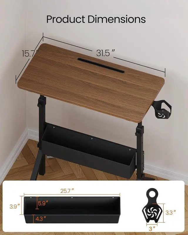 Alt view image 2 of 7 - ErGear Mobile Standing Desk with Wheels, Adjustable Height 28.3 to 46.1, Rolling Laptop Cart with Cup Holder, Storage Basket, Computer & Pen Slot, Home Office Stand Up Desk, Walnut (31.5 x 15.75)