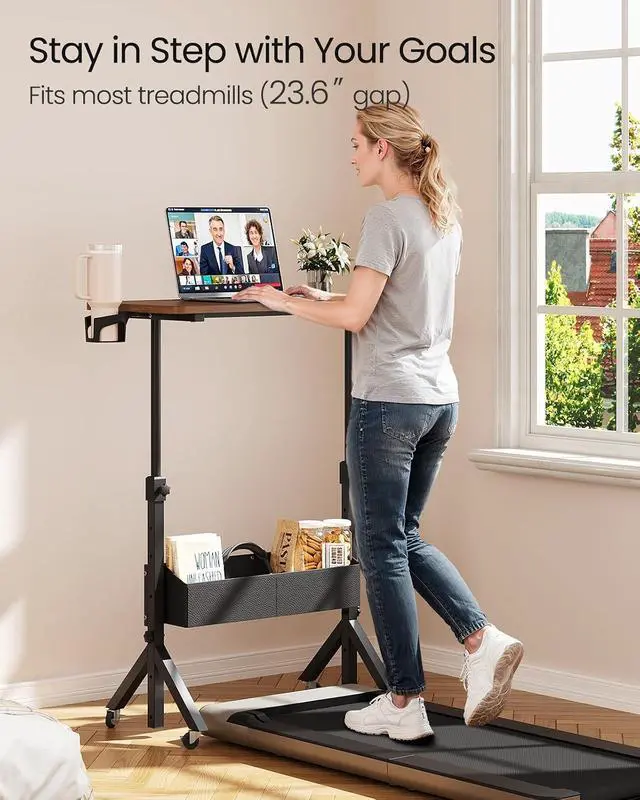 Alt view image 4 of 7 - ErGear Mobile Standing Desk with Wheels, Adjustable Height 28.3 to 46.1, Rolling Laptop Cart with Cup Holder, Storage Basket, Computer & Pen Slot, Home Office Stand Up Desk, Walnut (31.5 x 15.75)