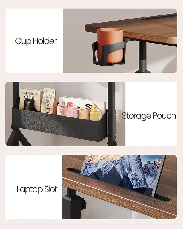 Alt view image 6 of 7 - ErGear Mobile Standing Desk with Wheels, Adjustable Height 28.3 to 46.1, Rolling Laptop Cart with Cup Holder, Storage Basket, Computer & Pen Slot, Home Office Stand Up Desk, Walnut (31.5 x 15.75)