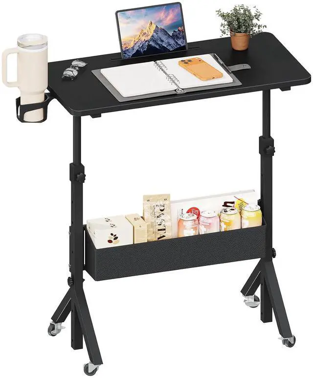 Main image of ErGear Mobile Standing Desk with Wheels, Adjustable Height 28.3 to 46.1, Rolling Laptop Cart with Cup Holder, Storage Basket, Computer & Pen Slot, Home Office Stand Up Desk, Black (31.5 x 15.75)