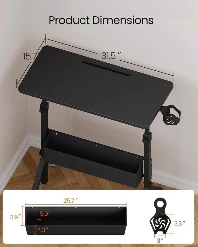 Alt view image 2 of 7 - ErGear Mobile Standing Desk with Wheels, Adjustable Height 28.3 to 46.1, Rolling Laptop Cart with Cup Holder, Storage Basket, Computer & Pen Slot, Home Office Stand Up Desk, Black (31.5 x 15.75)