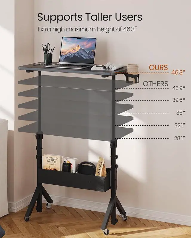 Alt view image 4 of 7 - ErGear Mobile Standing Desk with Wheels, Adjustable Height 28.3 to 46.1, Rolling Laptop Cart with Cup Holder, Storage Basket, Computer & Pen Slot, Home Office Stand Up Desk, Black (31.5 x 15.75)