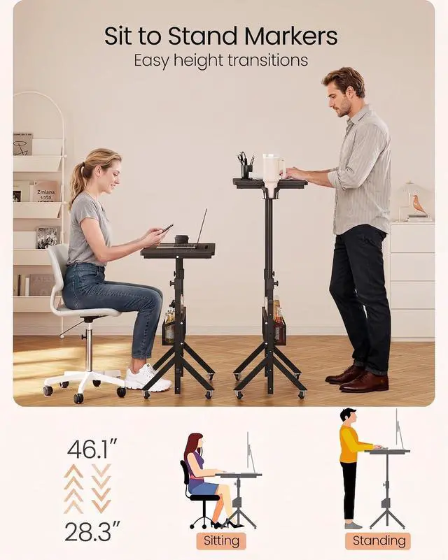 Alt view image 5 of 7 - ErGear Mobile Standing Desk with Wheels, Adjustable Height 28.3 to 46.1, Rolling Laptop Cart with Cup Holder, Storage Basket, Computer & Pen Slot, Home Office Stand Up Desk, Black (31.5 x 15.75)