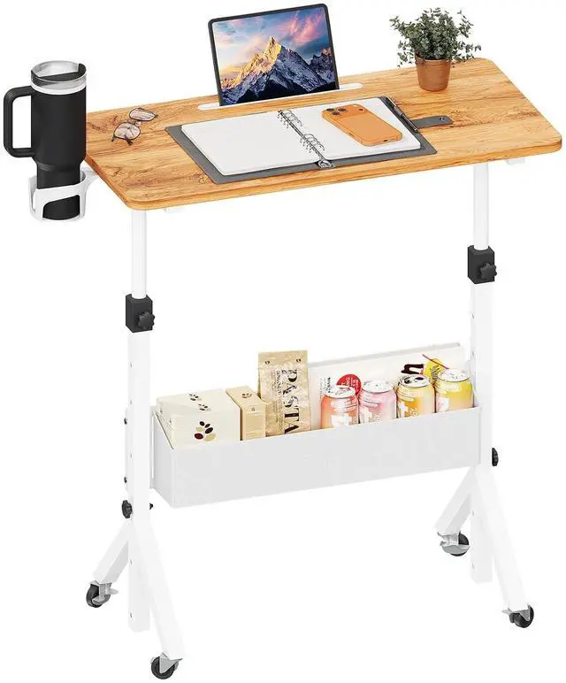 Main image of ErGear Mobile Standing Desk with Wheels, Adjustable Height 28.3 to 46.1, Rolling Laptop Cart with Cup Holder, Storage Basket, Computer & Pen Slot, Home Office Stand Up Desk, Light Vintage Brown
