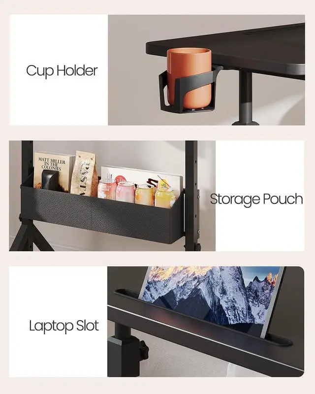 Alt view image 7 of 7 - ErGear Mobile Standing Desk with Wheels, Adjustable Height 28.3 to 46.1, Rolling Laptop Cart with Cup Holder, Storage Basket, Computer & Pen Slot, Home Office Stand Up Desk, Black (31.5 x 15.75)
