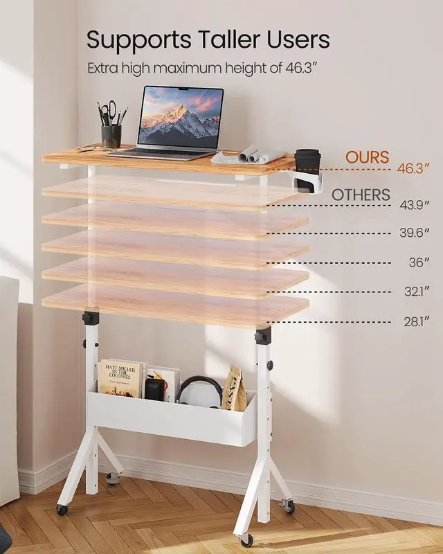 Alt view image 3 of 7 - ErGear Mobile Standing Desk with Wheels, Adjustable Height 28.3 to 46.1, Rolling Laptop Cart with Cup Holder, Storage Basket, Computer & Pen Slot, Home Office Stand Up Desk, Light Vintage Brown