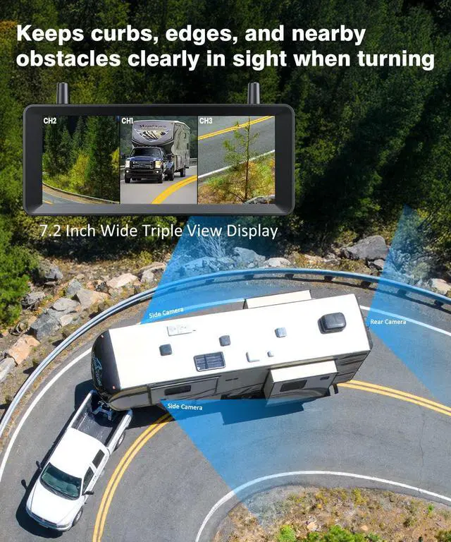 Alt view image 3 of 7 - AUTO-VOX Wireless RV Backup Camera System: Rear & Side Cameras with 7.2" HD Monitor and Flexible Bent Mount, Triple Split View, DVR Recording Back up Camera for RV,Travel Trailer,Motorhome,Camper