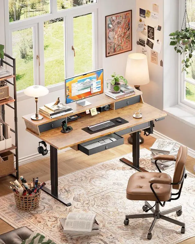 Alt view image 2 of 7 - ErGear 63 X 30 Inch Electric Standing Desk with 4 Drawers, Height Adjustable Desk with Storage, C-Clamp Mount Compatible, Home Office Table with Cable Management Tray, Vintage Brown