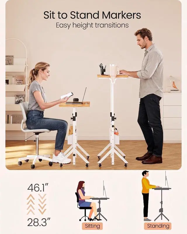Alt view image 4 of 7 - ErGear Mobile Standing Desk with Wheels, Adjustable Height 28.3 to 46.1, Rolling Laptop Cart with Cup Holder, Storage Basket, Computer & Pen Slot, Home Office Stand Up Desk, Light Vintage Brown