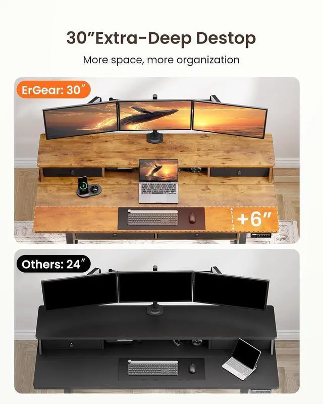 Alt view image 6 of 7 - ErGear 63 X 30 Inch Electric Standing Desk with 4 Drawers, Height Adjustable Desk with Storage, C-Clamp Mount Compatible, Home Office Table with Cable Management Tray, Vintage Brown