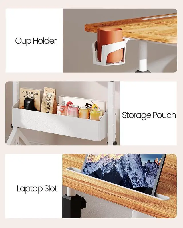 Alt view image 6 of 7 - ErGear Mobile Standing Desk with Wheels, Adjustable Height 28.3 to 46.1, Rolling Laptop Cart with Cup Holder, Storage Basket, Computer & Pen Slot, Home Office Stand Up Desk, Light Vintage Brown