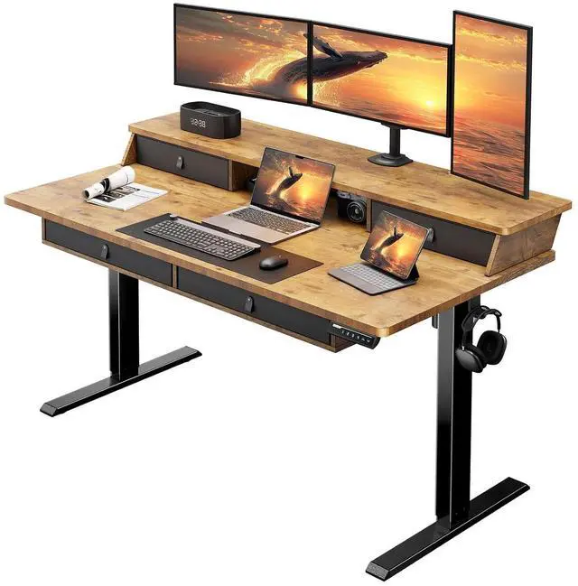 Main image of ErGear Electric Standing Desk with 4 Drawers, 55 X 30 Inch Height Adjustable Desk with Storage, C-Clamp Mount Compatible, Home Office Table with Cable Management Tray, Vintage Brown