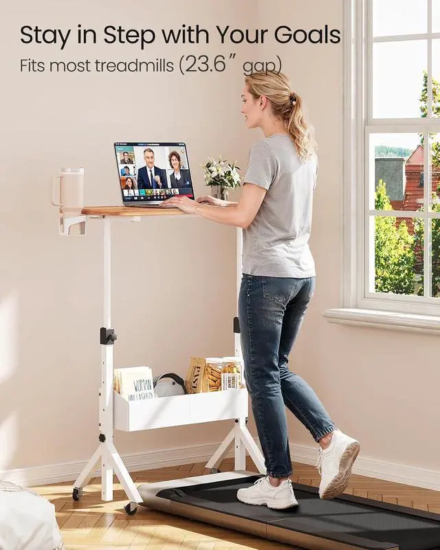 Alt view image 7 of 7 - ErGear Mobile Standing Desk with Wheels, Adjustable Height 28.3 to 46.1, Rolling Laptop Cart with Cup Holder, Storage Basket, Computer & Pen Slot, Home Office Stand Up Desk, Light Vintage Brown