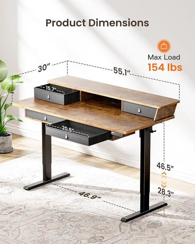 Alt view image 3 of 7 - ErGear Electric Standing Desk with 4 Drawers, 55 X 30 Inch Height Adjustable Desk with Storage, C-Clamp Mount Compatible, Home Office Table with Cable Management Tray, Vintage Brown