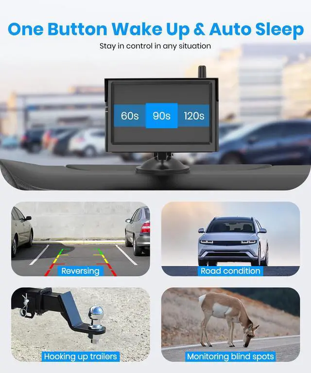 Alt view image 7 of 7 - AUTO·VOX 5" Solar Wireless Backup Camera with Suction Cup Mount, 1080P HD Monitor, Adjustable Windshield Mount, 3 Minute Install, IP69K Waterproof for Car Truck SUV Trailer
