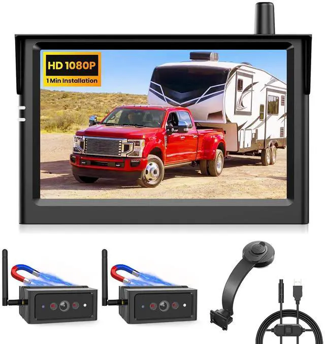 Main image of AUTO-VOX S4B Dual Wireless Backup Camera Bundle: Includes 4PIN USB Cable & Flexible Adjust Monitor Mount, Split-Screen Display, Quick Install, IP69K Waterproof, Perfect for Truck, Trailer, Car
