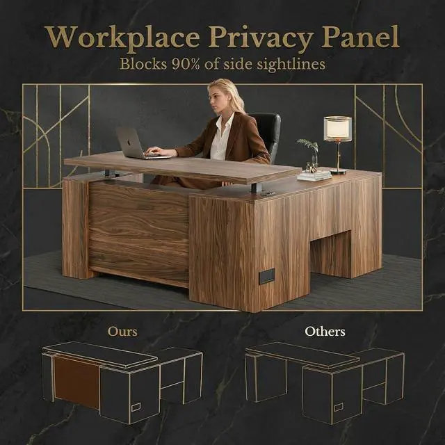 Alt view image 3 of 7 - AMADA HOMEFURNISHING 63 Inch L Shaped Electric Standing Desk with Drawers, Height Adjustable Executive Desk with File Cabinet, AC/USB Charging Ports, Privacy Panel, 1.18" Thick Desktop, Dark Walnut