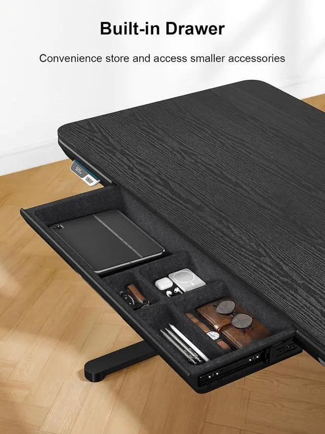 Alt view image 3 of 7 - ErgoAV Smart Executive Electric Standing Desk, Wireless Charging, with Storage Drawer, Hidden Power Strip, Black