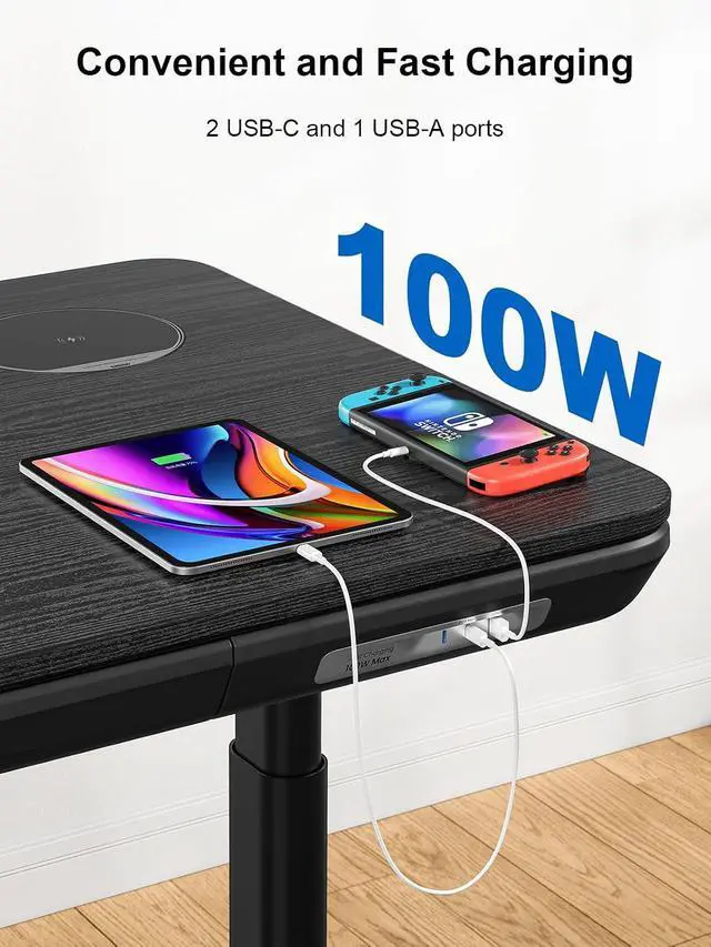 Alt view image 4 of 7 - ErgoAV Smart Executive Electric Standing Desk, Wireless Charging, with Storage Drawer, Hidden Power Strip, Black