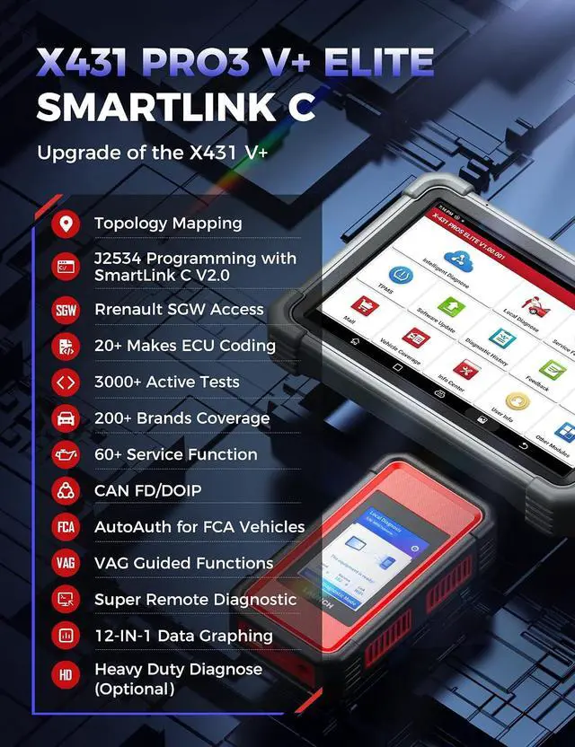 Alt view image 3 of 7 - Launch X431 PRO3 V+ Elite, 2026 SmartlinkC 2.0 Bidirectional Scan Tool with J2534 Portocol, HD Trucks Scanner, 10.1 inch, Topology Map, 60+Service, Online Code, CANFD/DoIP/D-PDU, FCA, 2 Yrs Update