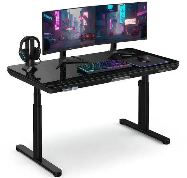 Main image of ErgoAV Smart Executive Electric Standing Desk, Wireless Charging, with Storage Drawer, Hidden Power Strip, Galaxy Glass