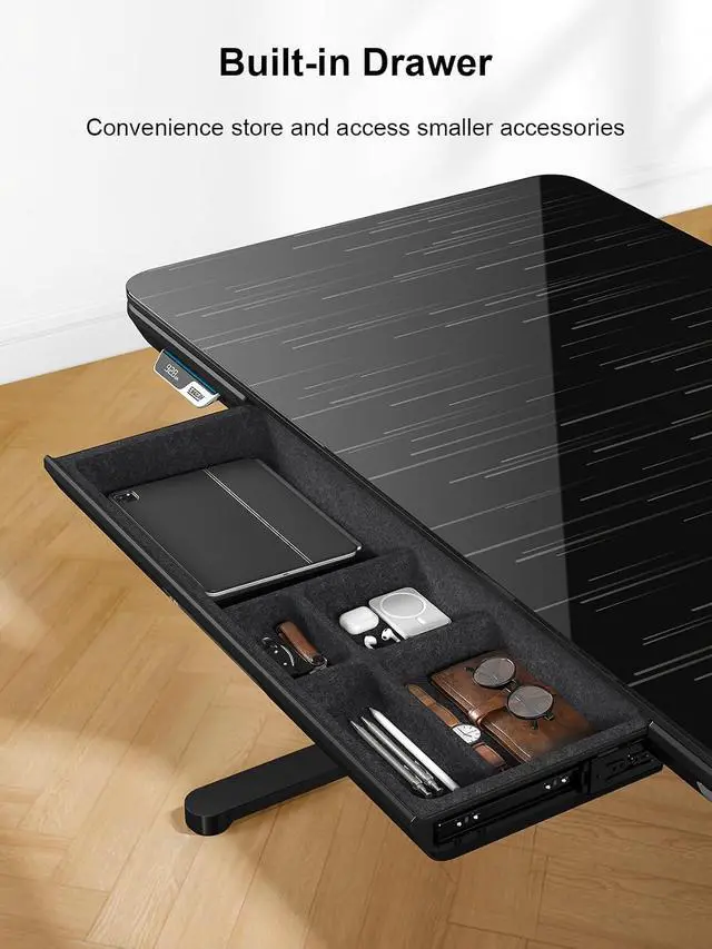 Alt view image 2 of 7 - ErgoAV Smart Executive Electric Standing Desk, Wireless Charging, with Storage Drawer, Hidden Power Strip, Galaxy Glass