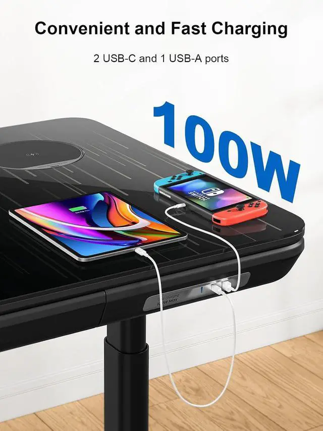 Alt view image 3 of 7 - ErgoAV Smart Executive Electric Standing Desk, Wireless Charging, with Storage Drawer, Hidden Power Strip, Galaxy Glass